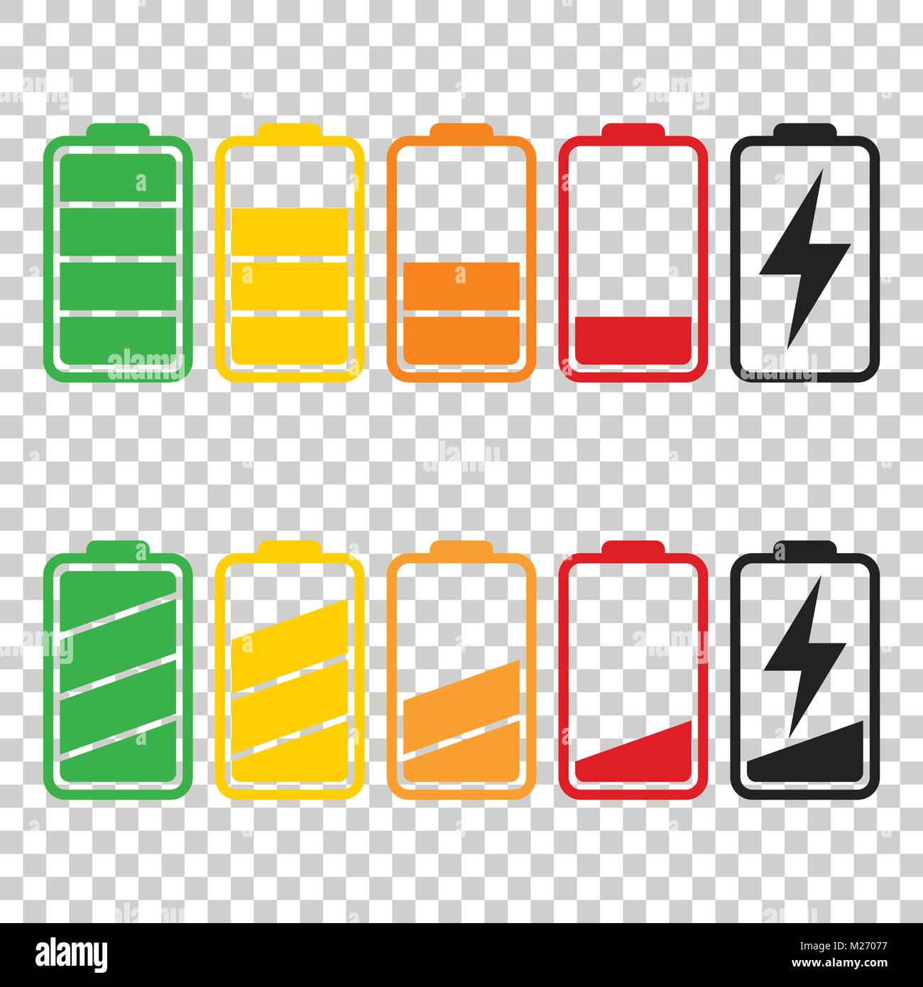 Icona della batteria vettore impostato su sfondo isolato. Simboli del livello di carica della batteria, piena e bassa. Il grado di autonomia della batteria piatta illustrazione vettoriale. Illustrazione Vettoriale