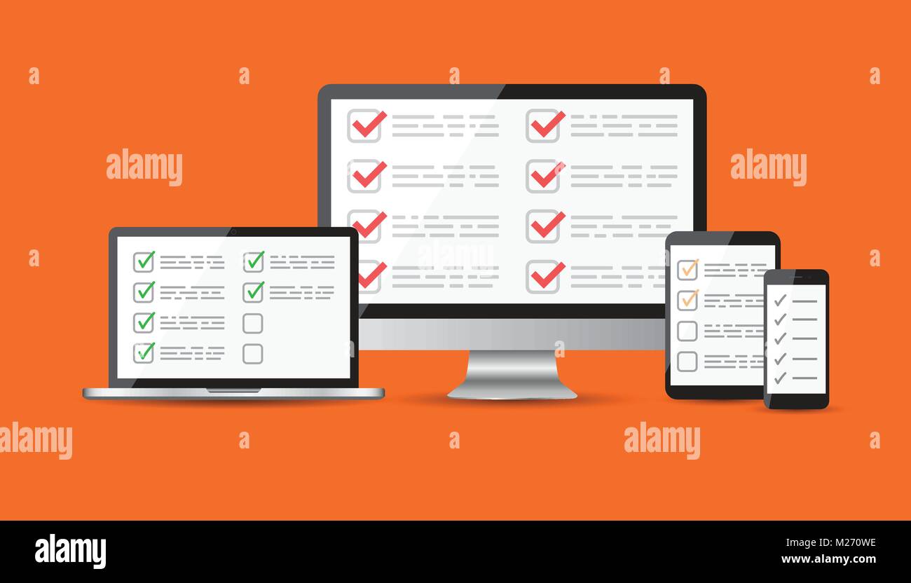 Il sondaggio online, lista di controllo set. Tablet, computer, cellulare schermo vuoto. Feedback il concetto di business. Appartamento illustrazione vettoriale per il sito web mobile app. Illustrazione Vettoriale