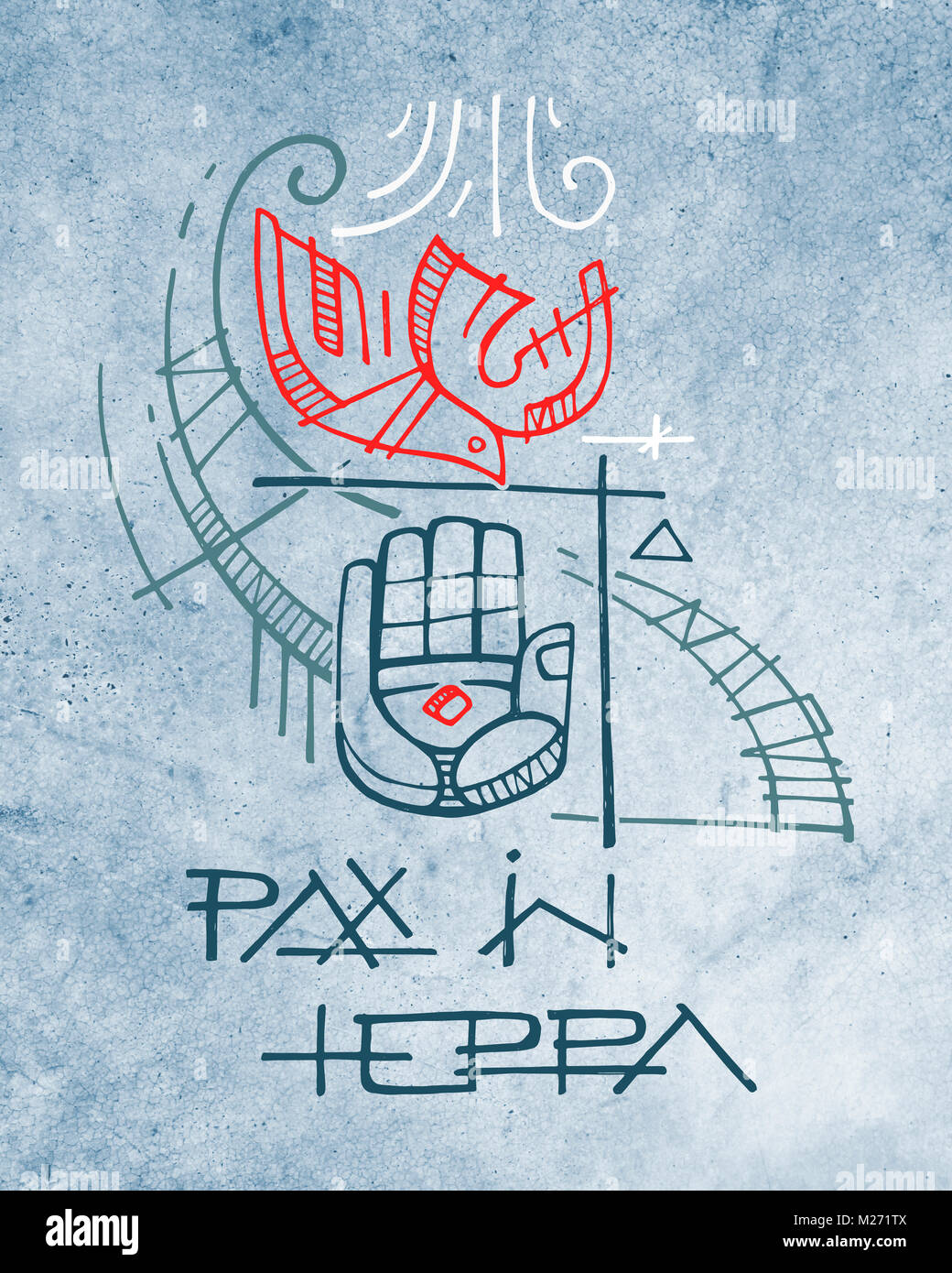 Disegnato a mano illustrazione inchiostro o disegno di alcuni religiosi simboli cristiani e la frase in lingua latina che significa: Pace sulla terra Foto Stock