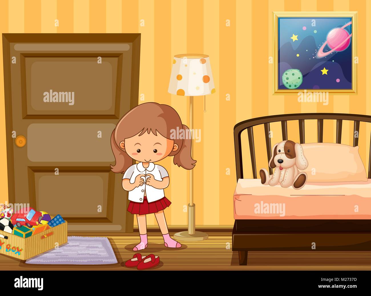 Ragazza vestirsi in uniforme scolastica in camera da letto illustrazione Illustrazione Vettoriale