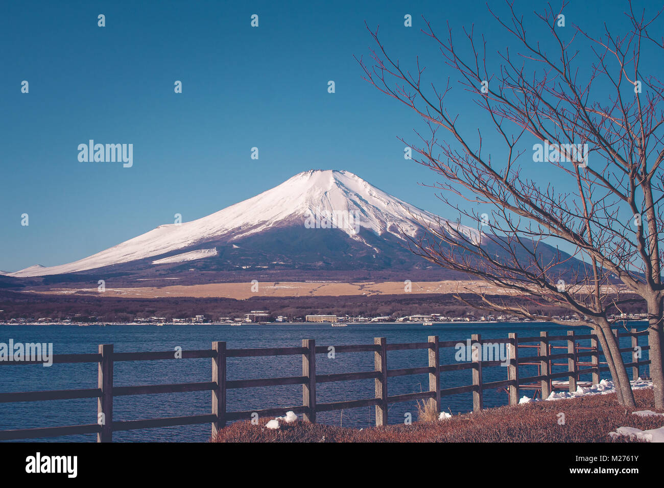 Bellissima vista del paesaggio del monte Fuji o Mt.Fuji coperto con il bianco della neve nella stagione invernale a Yamanaka Lake, Giappone. Foto Stock