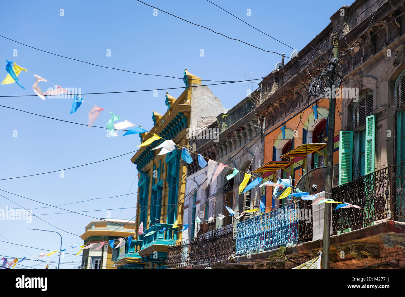 Dettagli dalla facciata colorata da Caminito a La Boca, Buenos Aires, Argentina Foto Stock