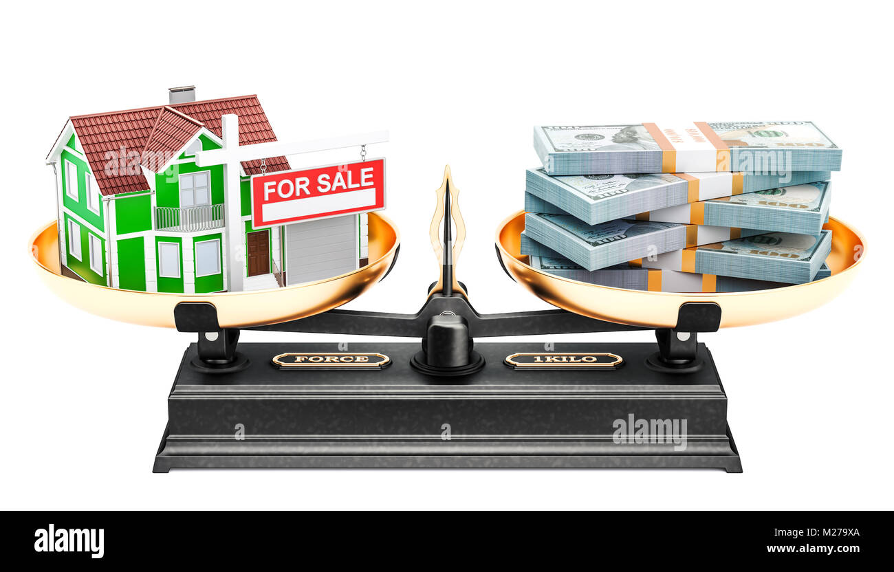 Il concetto di equilibrio della casa e del denaro. 3D rendering isolati su sfondo bianco Foto Stock