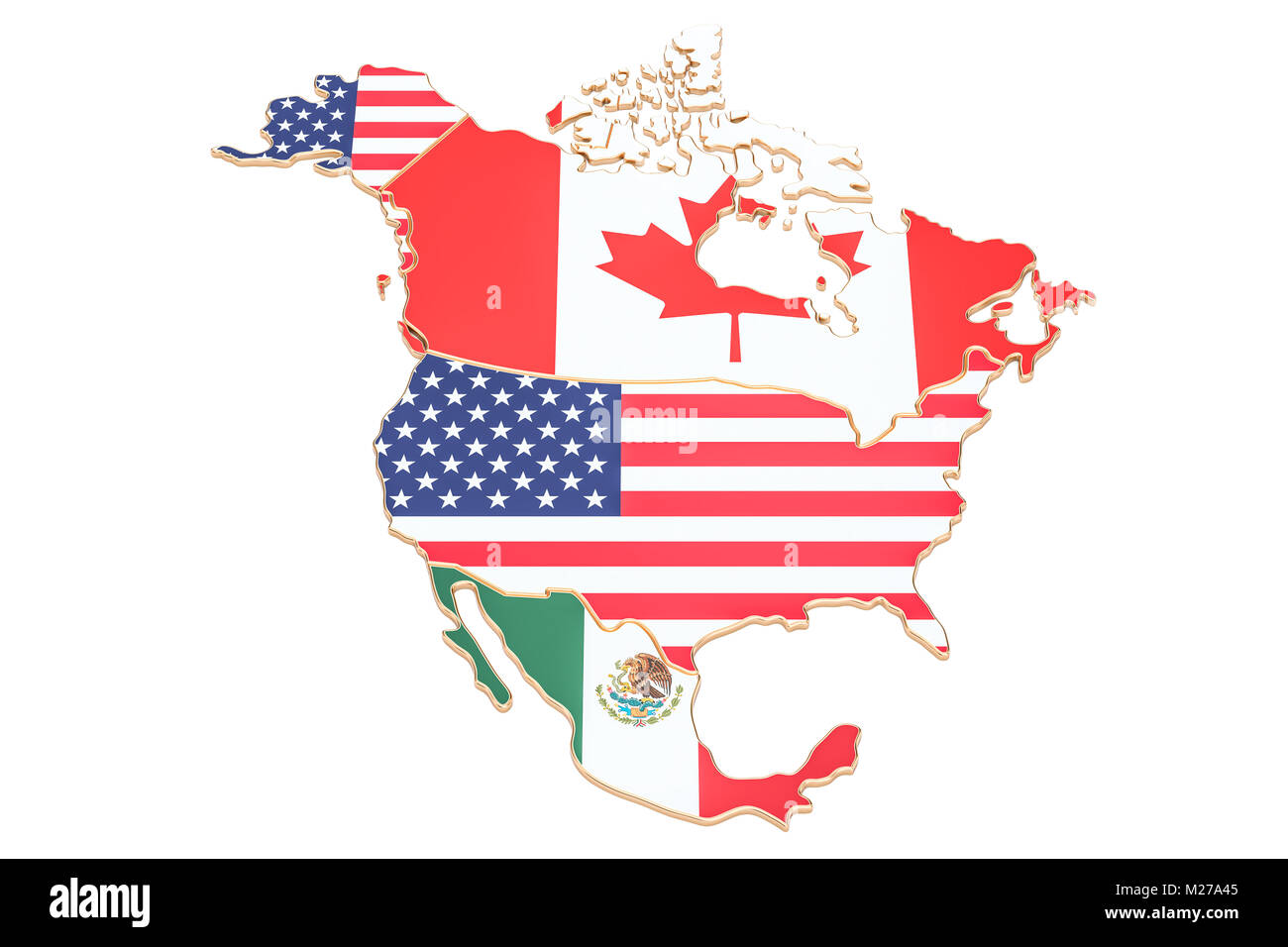 Mappa del nord america con bandiere degli Stati Uniti d'America, il Canada e il Messico. 3D rendering isolati su sfondo bianco Foto Stock