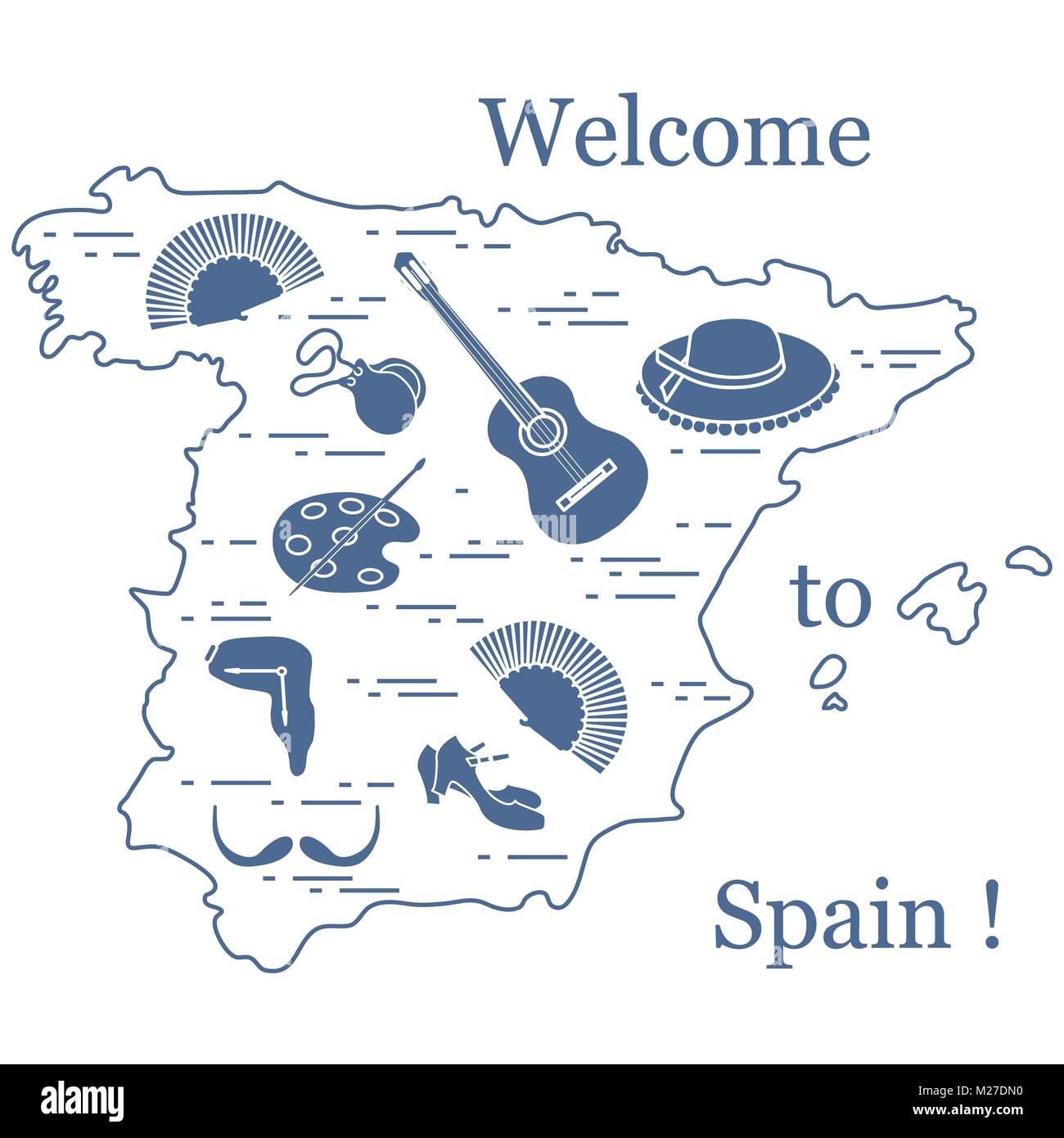 Illustrazione Vettoriale con vari simboli di Spagna disposti in un cerchio. Viaggi e tempo libero. Design per banner, poster o di stampa. Illustrazione Vettoriale