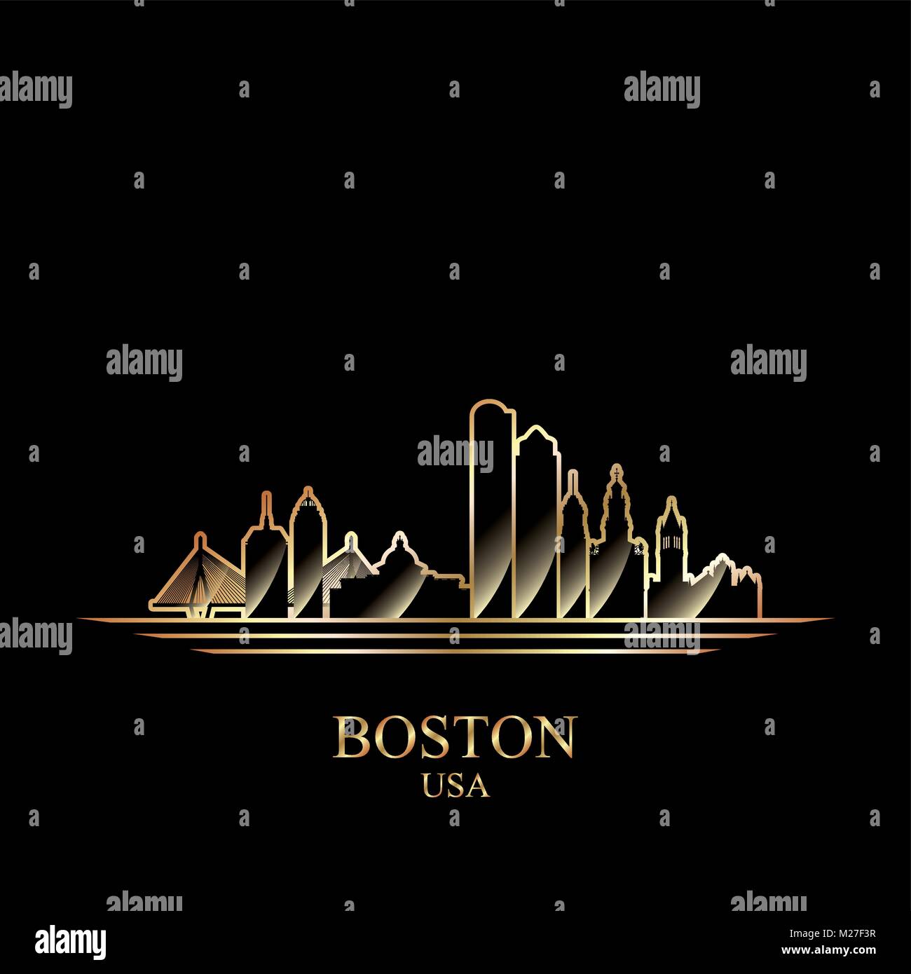 Silhouette di oro di Boston su sfondo nero, illustrazione vettoriale Illustrazione Vettoriale
