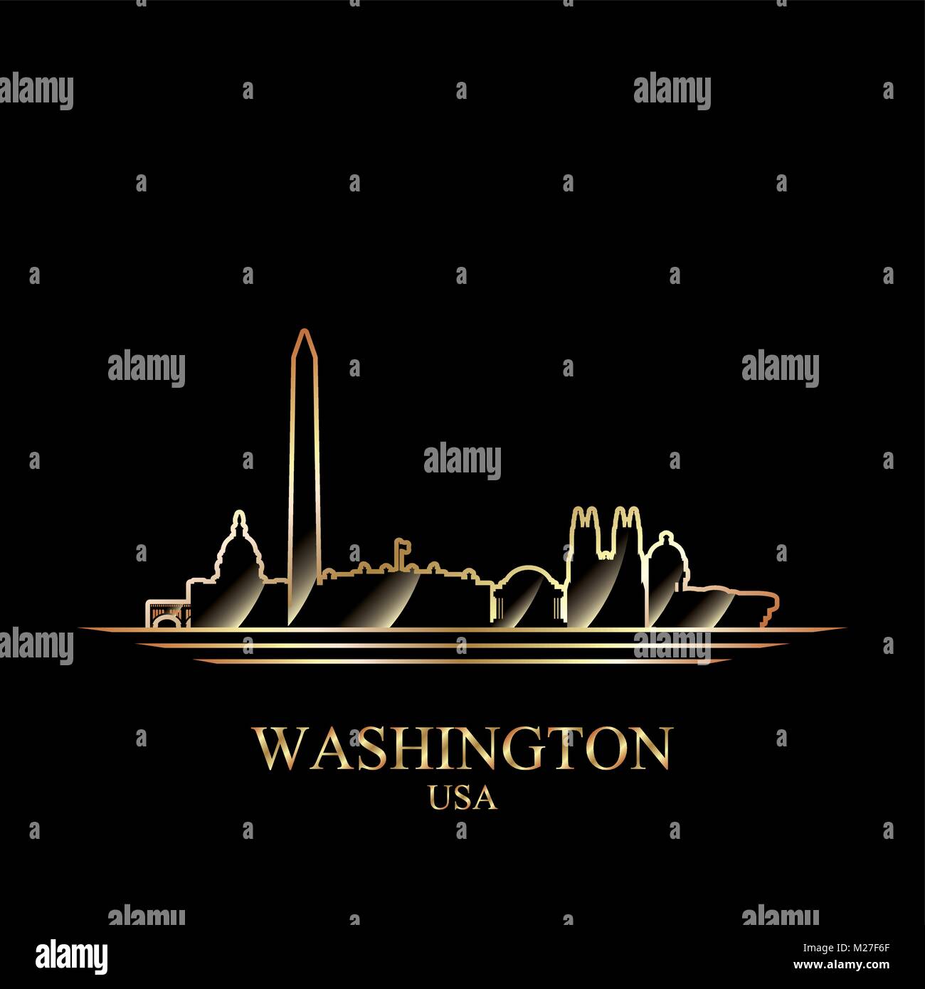 Silhouette di oro di Washington su sfondo nero, illustrazione vettoriale Illustrazione Vettoriale