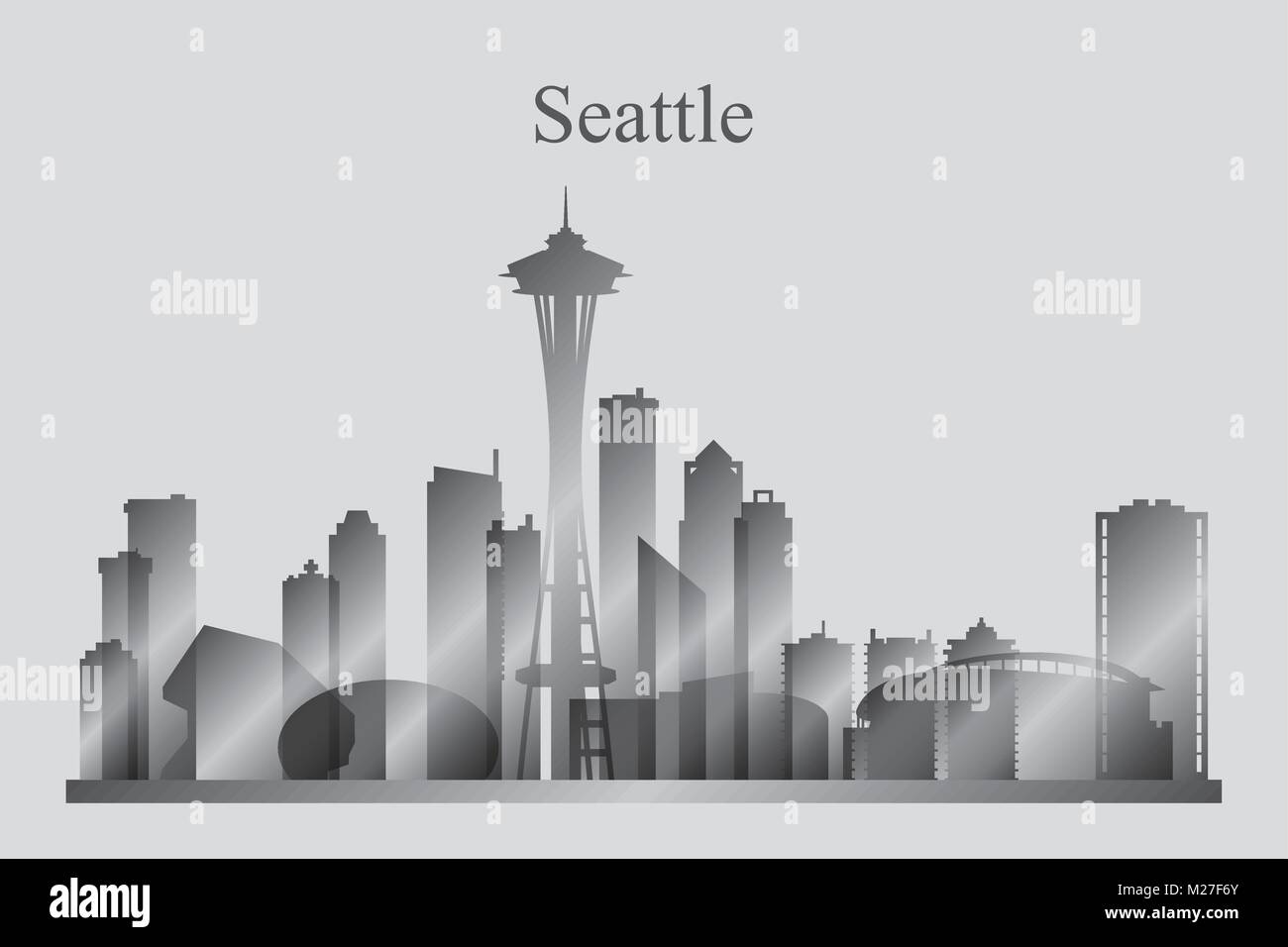 La città di Seattle skyline silhouette in scala di grigi, illustrazione vettoriale Illustrazione Vettoriale
