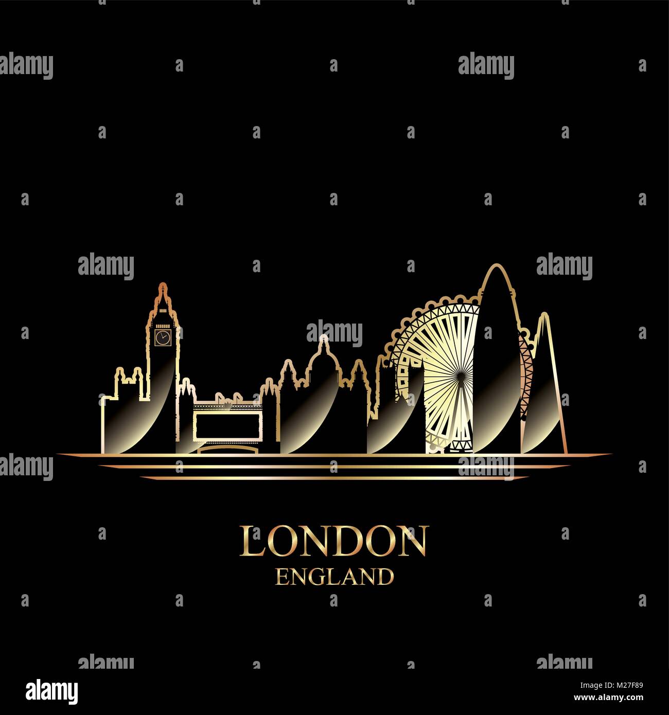 Silhouette dell'oro di Londra su sfondo nero, illustrazione vettoriale Illustrazione Vettoriale