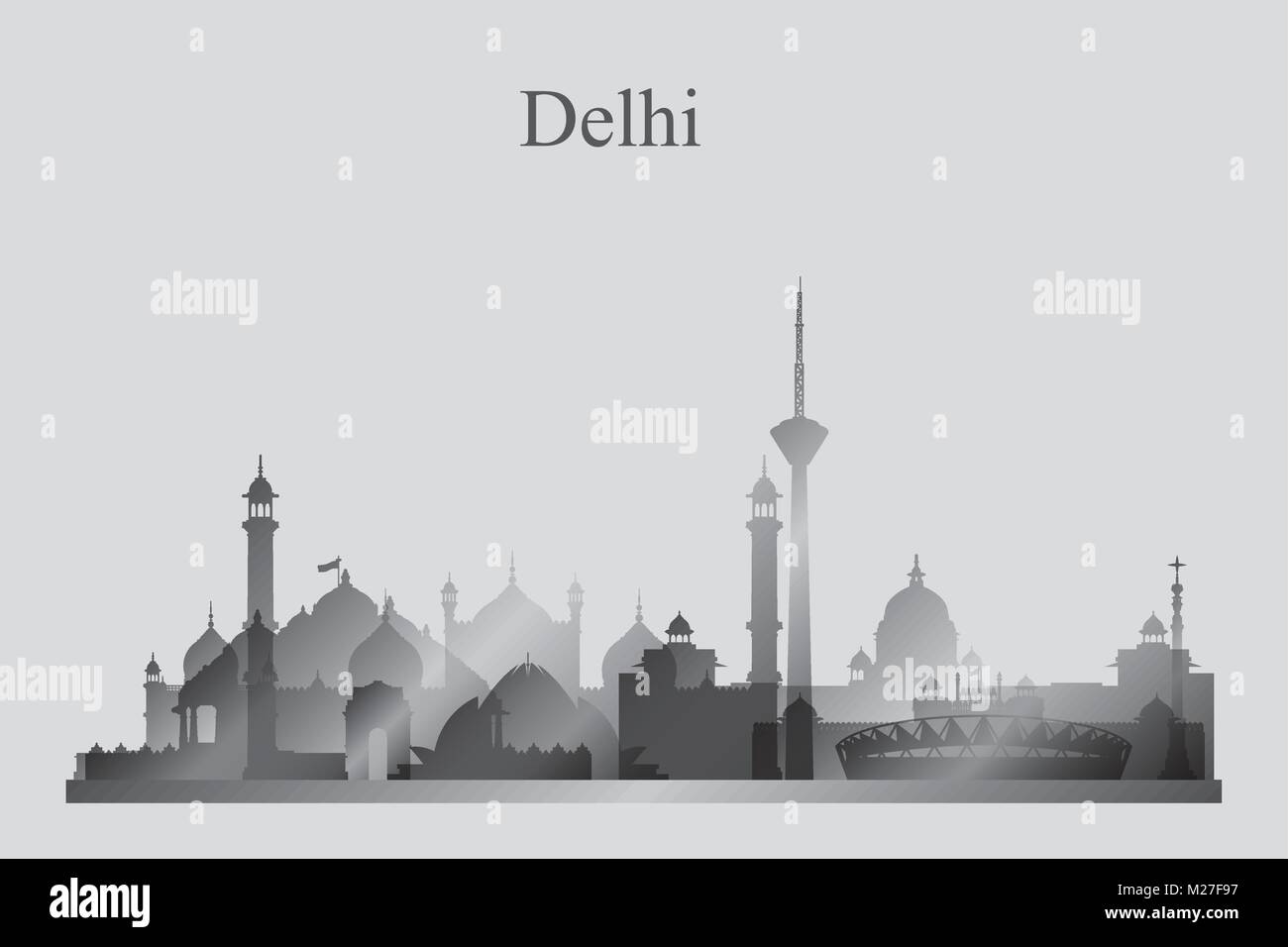Delhi skyline della città silhouette in scala di grigi, illustrazione vettoriale Illustrazione Vettoriale