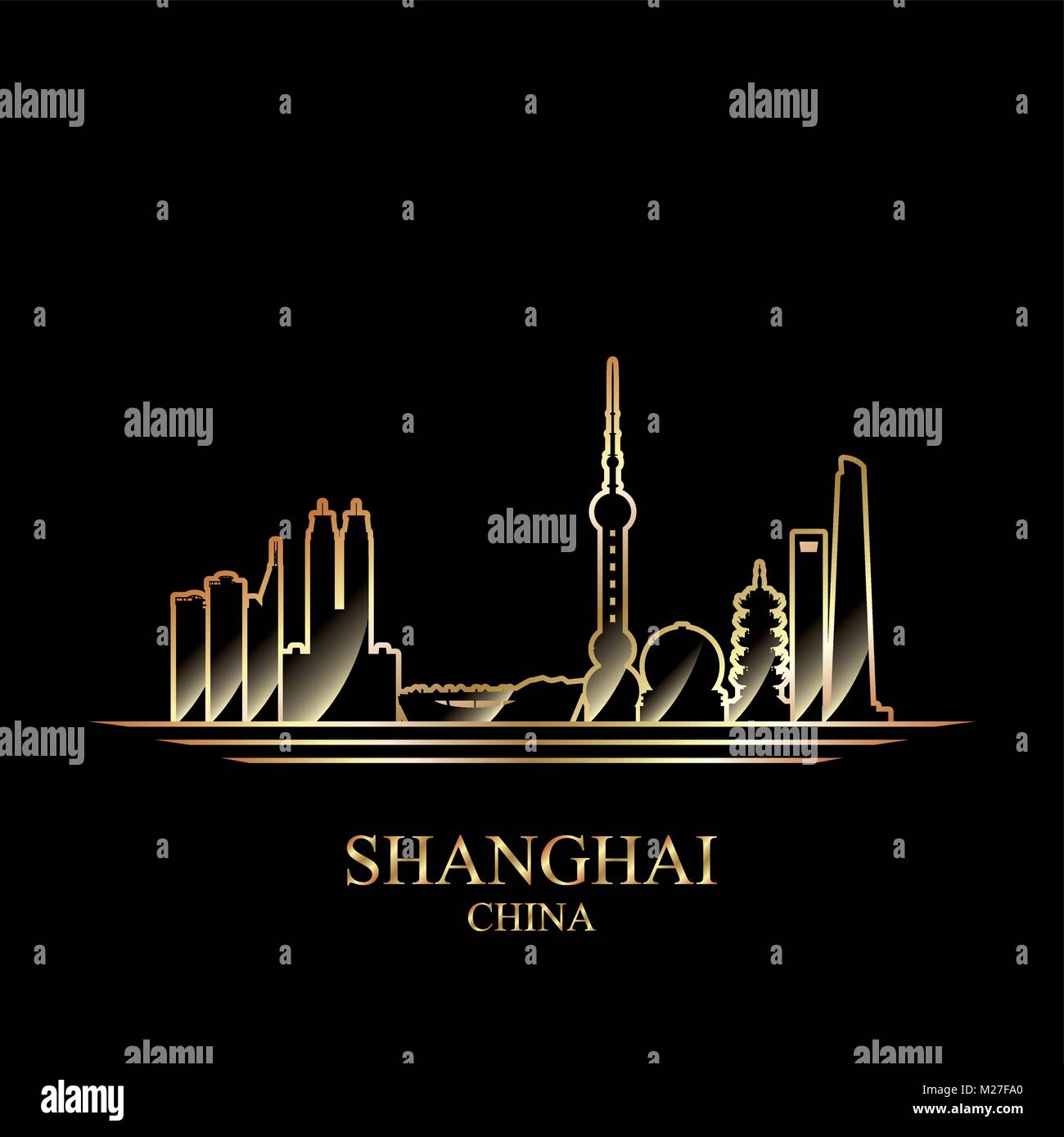 Silhouette di oro di Shanghai su sfondo nero, illustrazione vettoriale Illustrazione Vettoriale