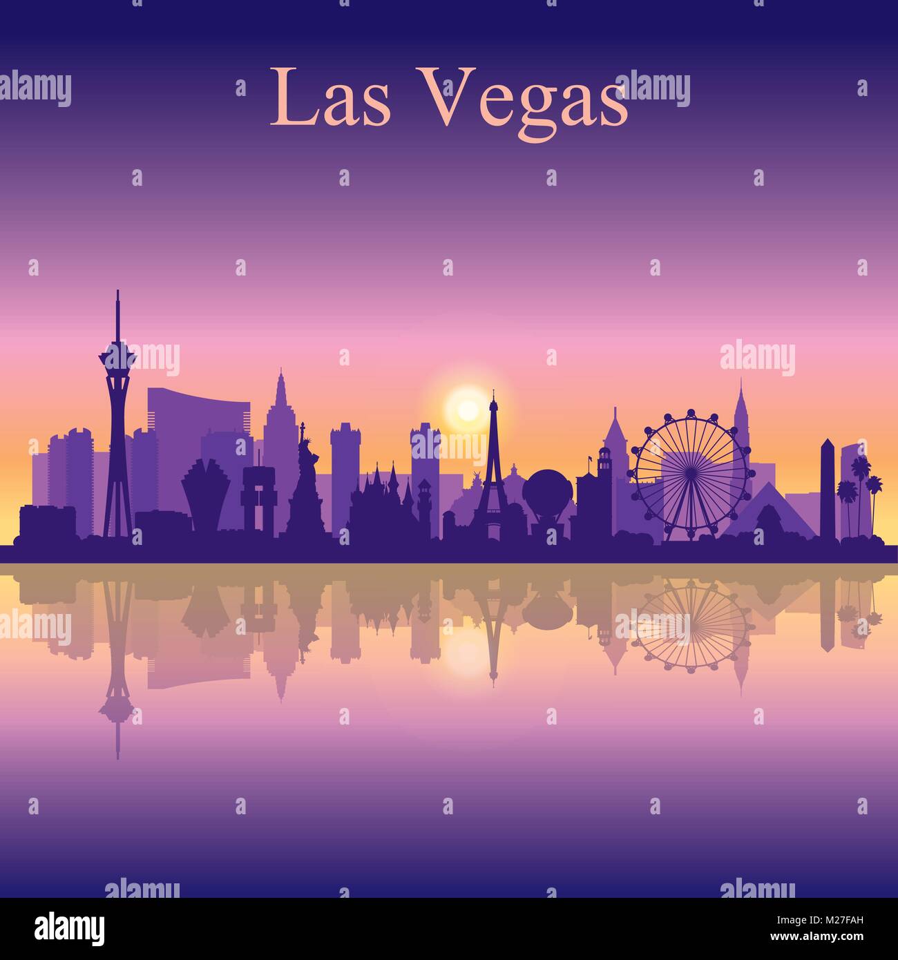 Las Vegas skyline silhouette su sfondo al tramonto, illustrazione vettoriale Illustrazione Vettoriale