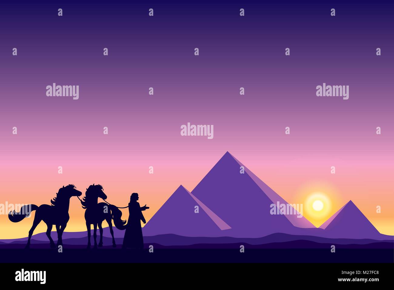 Egitto Piramidi con Beduina e cavalli sagome sul tramonto sfondo illustrazione vettoriale Illustrazione Vettoriale