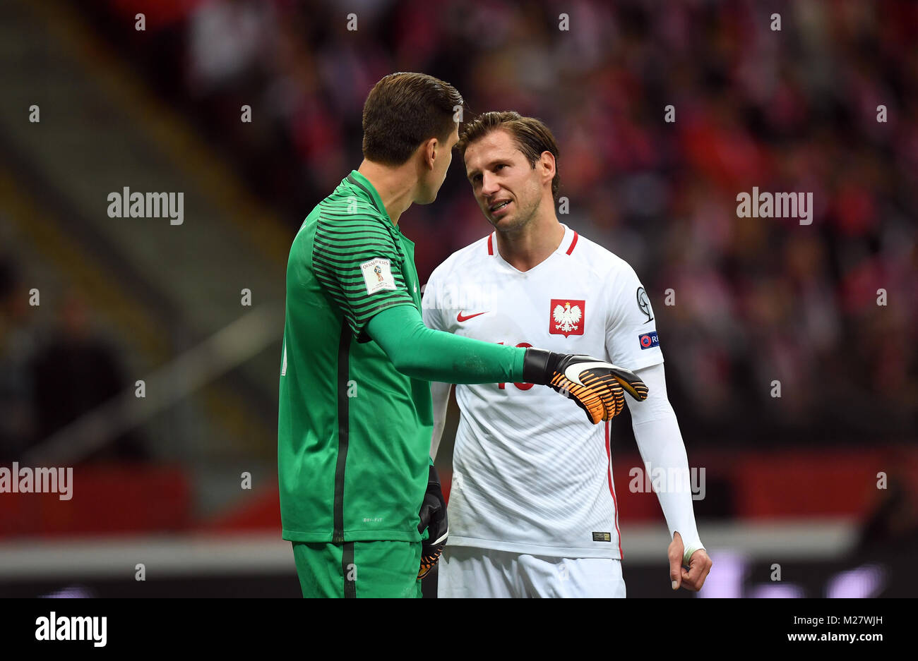 8 ottobre, 2017 - Varsavia, Polonia: Coppa del Mondo di Calcio Rusia 2018 match di qualificazione della Polonia - Montenegro o/p Wojciech Szczesny (Polonia) Grzegorz Krycho Foto Stock