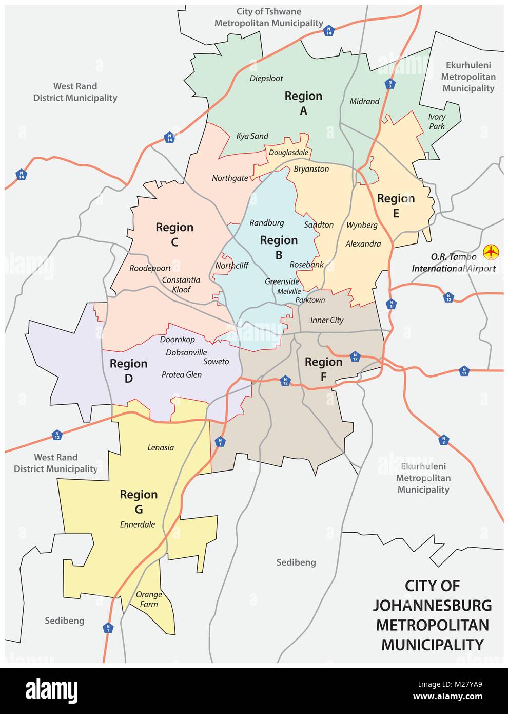Città di Johannesburg Metropolitan comune road, politica e amministrativa di mappa vettoriale Illustrazione Vettoriale