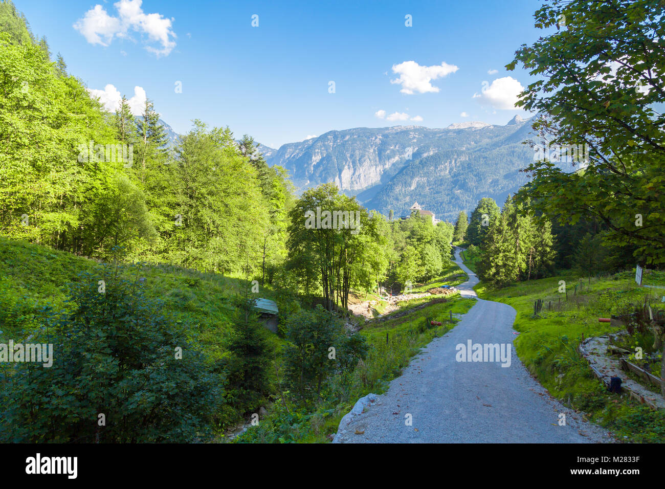 Alp vista montagne da Saslzberg (Montagna di sale) sopra touristic Hallstatt villaggio nella regione del Salzkammergut, Austria. Foto Stock