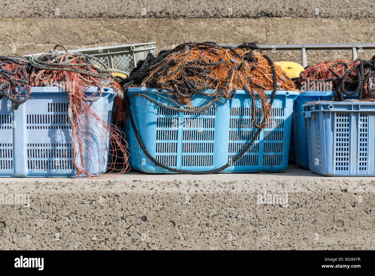 La pesca in blu cestini di plastica; Izumo, prefettura di Shimane, Giappone Foto Stock