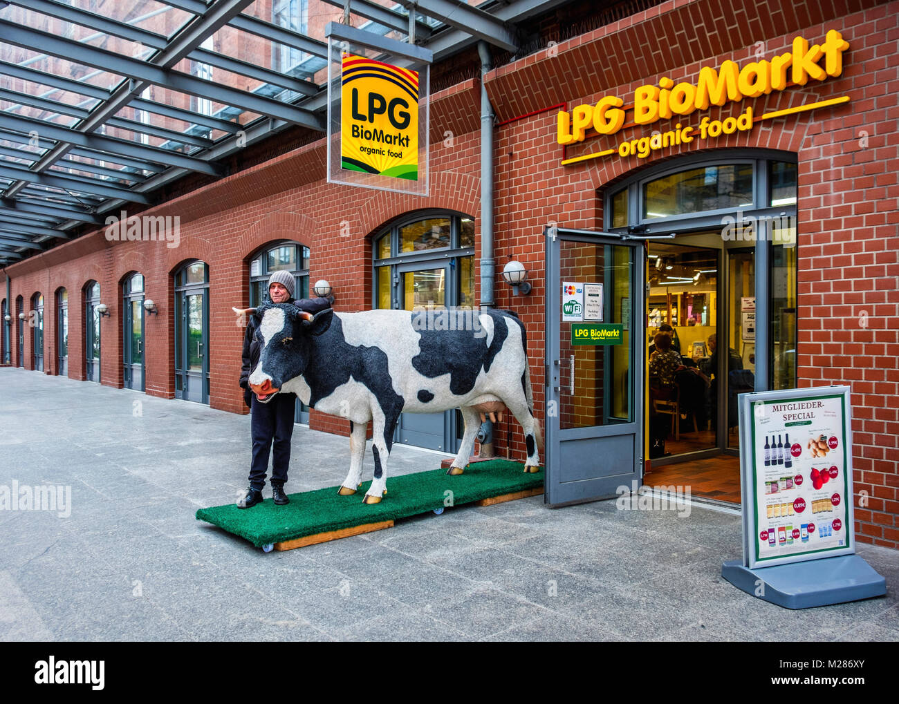 Berlino, Mitte,Moabit.Il GPL BioMarket alimenti biologici ingresso del negozio e anziano uomo in piedi con un modello di vita dimensioni mucca Foto Stock