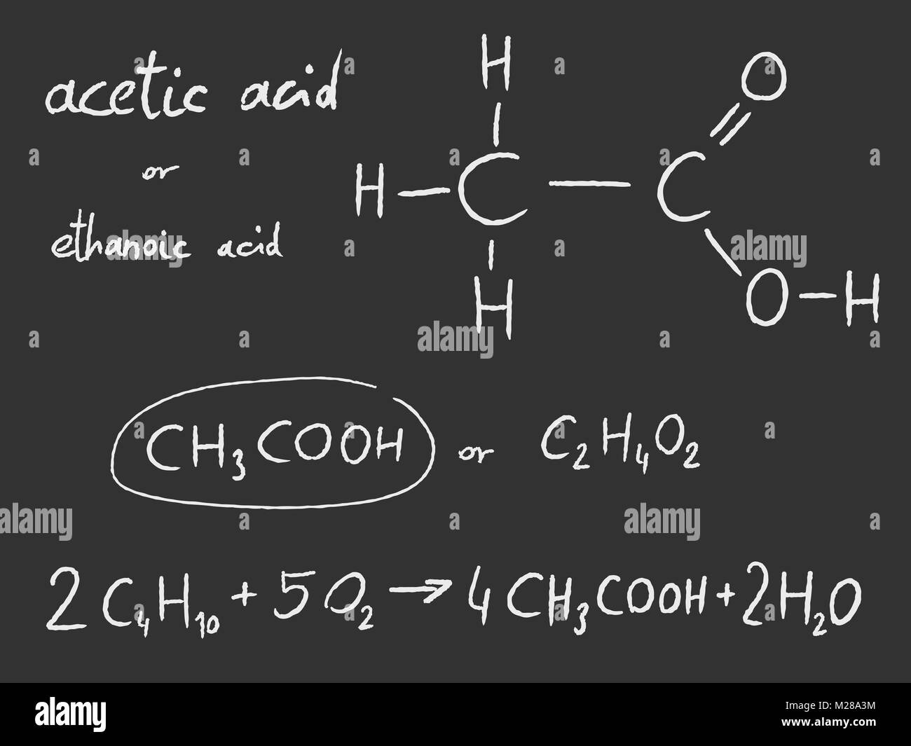 Acido acetico (acido etanoica) - Chimica organica lezione. Illustrazione Vettoriale