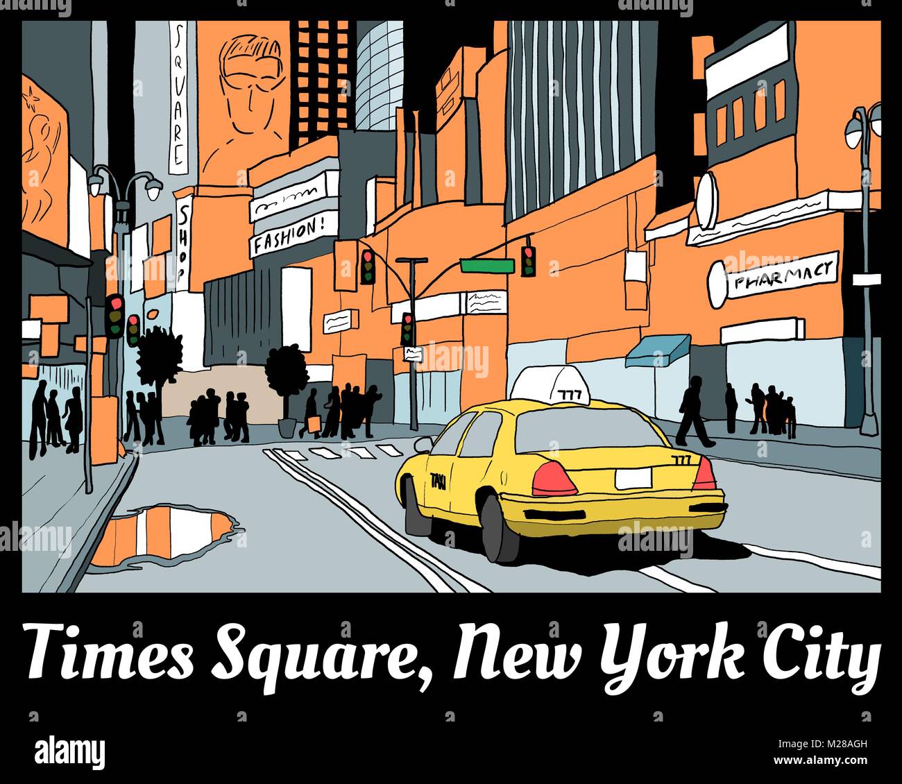 Times Square vista notturna - colorata New York City illustrazione con yellow cab. Illustrazione Vettoriale