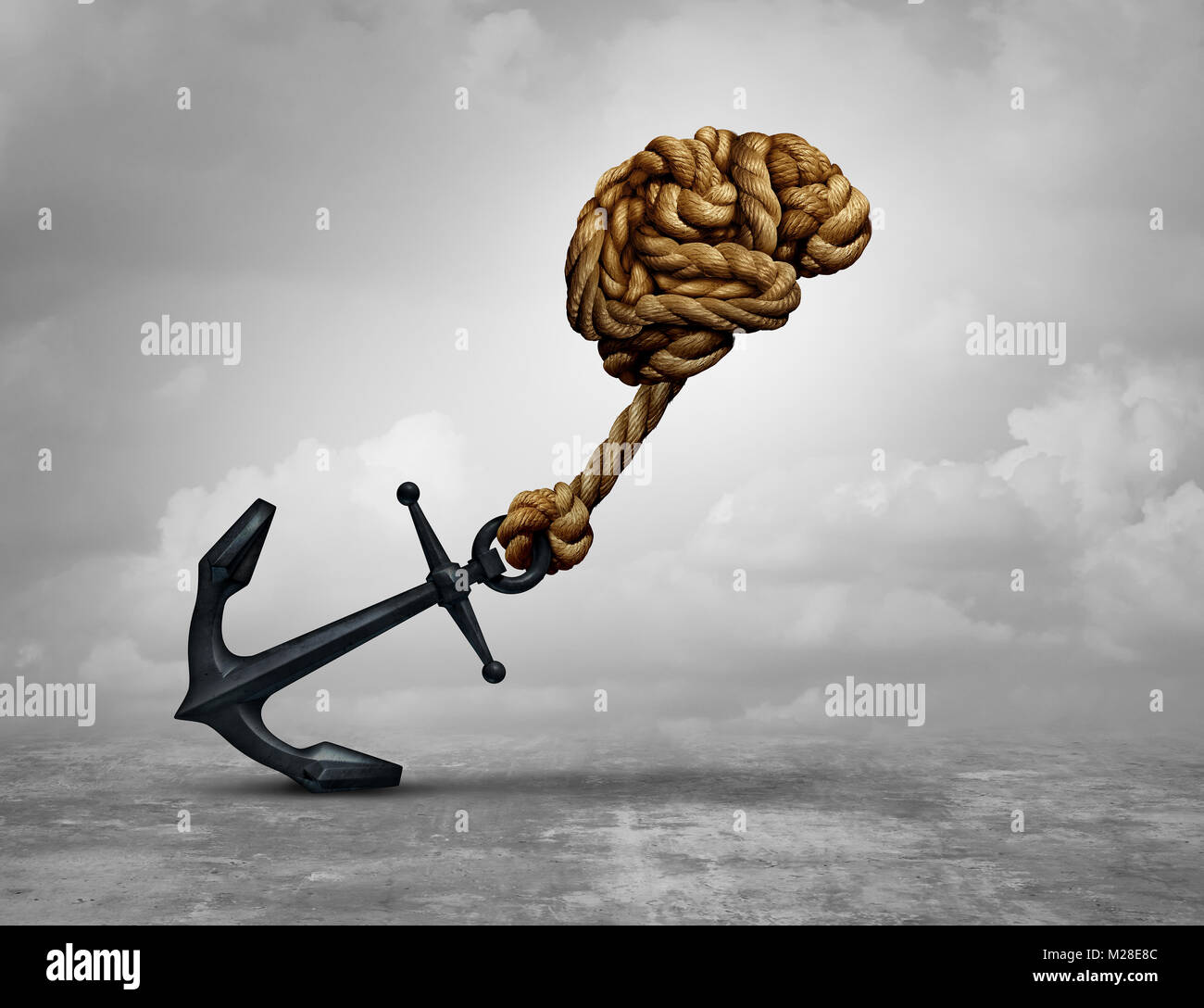 Decisione potente e potenza il concetto di pensare come un cervello umano fatto di corde tirando un ancoraggio con 3D'illustrazione. Foto Stock