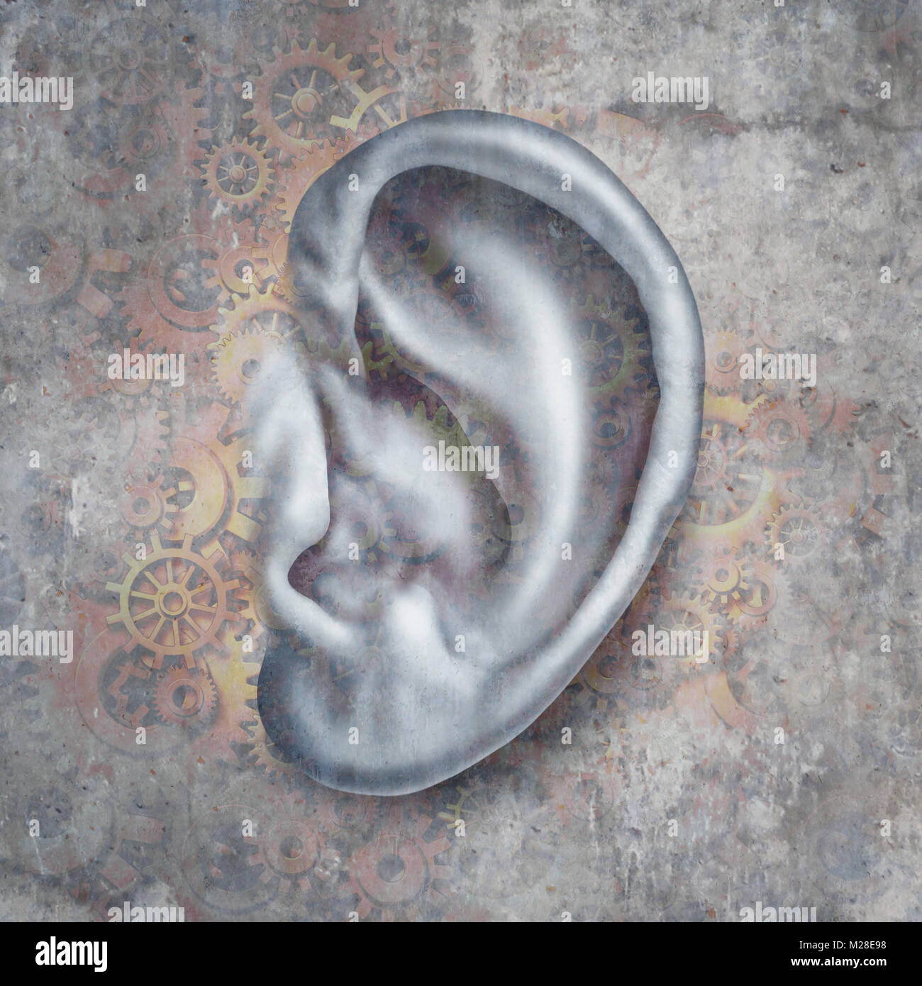 La perdita di udito e sordità concetto medico di medicina uditivi come un orecchio umano con simboli meccanici con 3D'illustrazione degli elementi. Foto Stock