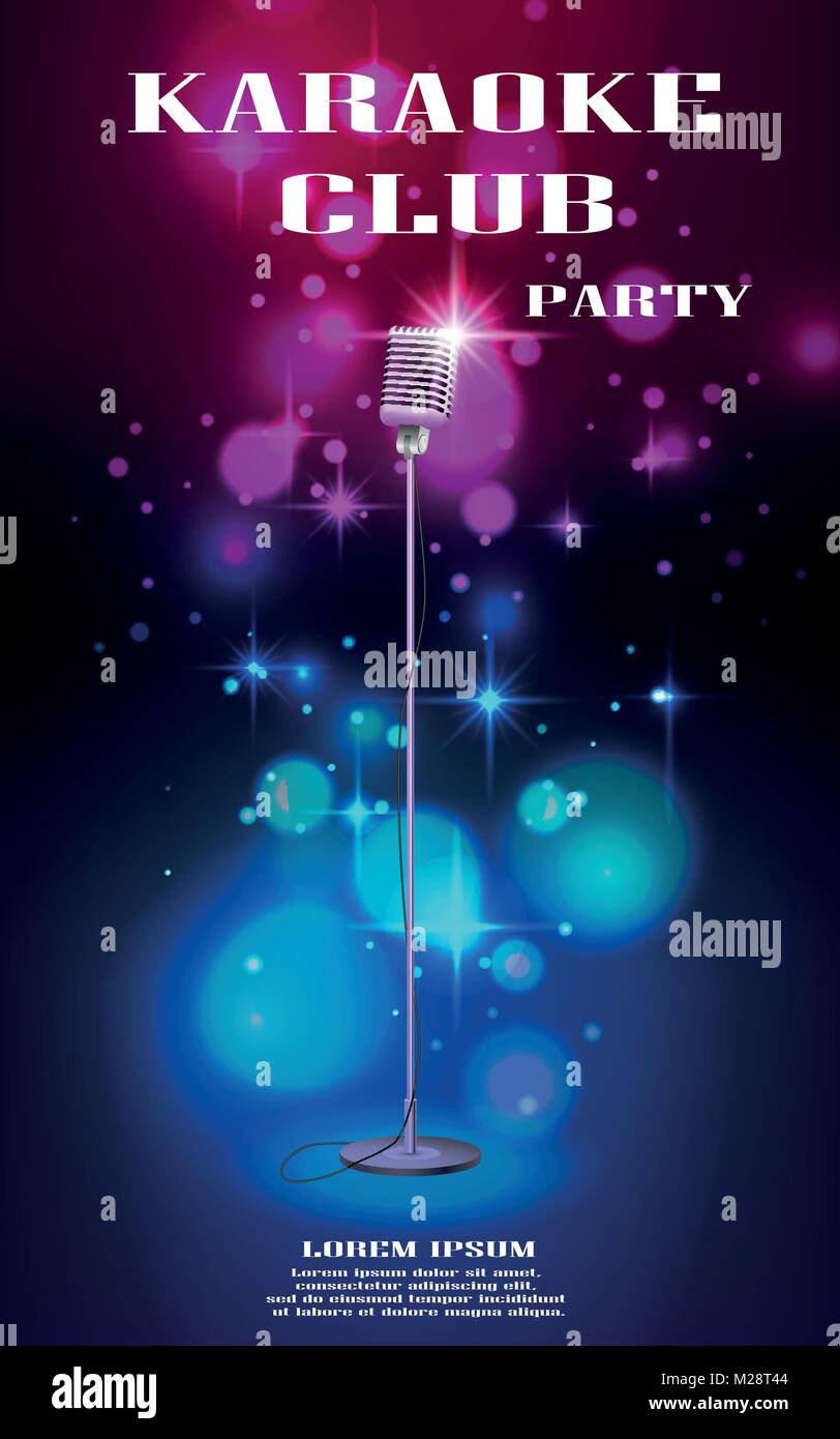 Il Neon incandescente flyer con microfono retrò e soft bokeh di fondo. Banner con effetti di luci per il night club o karaoke partito. Illustrazione Vettoriale Illustrazione Vettoriale