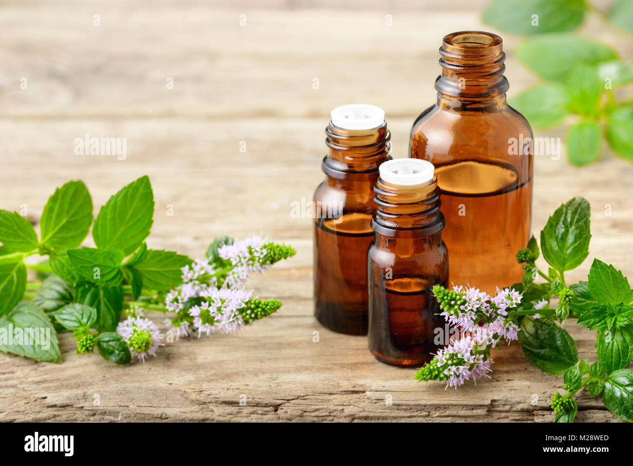 La menta piperita olio essenziale di menta piperita e fiori sulla tavola di legno Foto Stock
