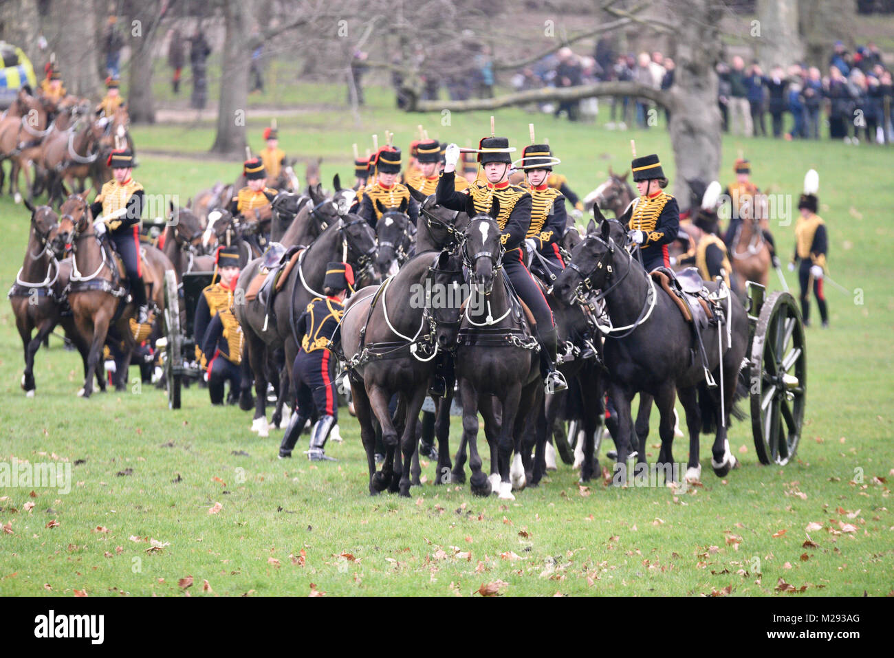 Una 41-gun salute era detenuto da il re della truppa Royal Artiglieria a cavallo nel parco verde, vicino a Buckingham Palace, a segnare la data della Regina Elisabetta II salita al trono - che si è verificato il 6 febbraio 1952 in seguito alla morte del re George VI Foto Stock