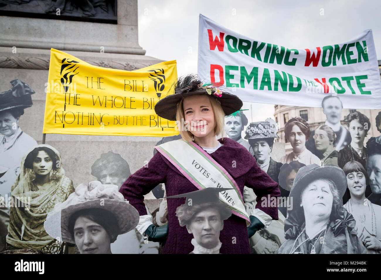 Londra, Regno Unito. 6 febbraio, 2018. Il sindaco di Londra che includono lo storico Lucy Worsley (nella foto) ospita un esposizione simbolico in Trafalgar Square marcatura 100 anni dal 1918 la rappresentanza popolare atto era passato - un punto di riferimento vittoria che ha dato il primo alle donne il diritto di voto. Credito: Guy Corbishley/Alamy Live News Foto Stock