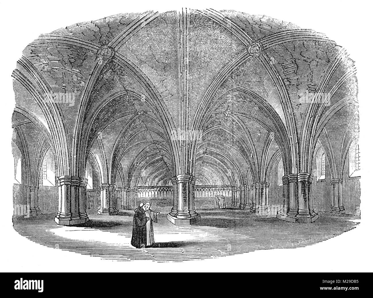 I monaci del clero o camminare sotto un soffitto normanna in un secolo xi (unknown) Chiesa inglese. Foto Stock