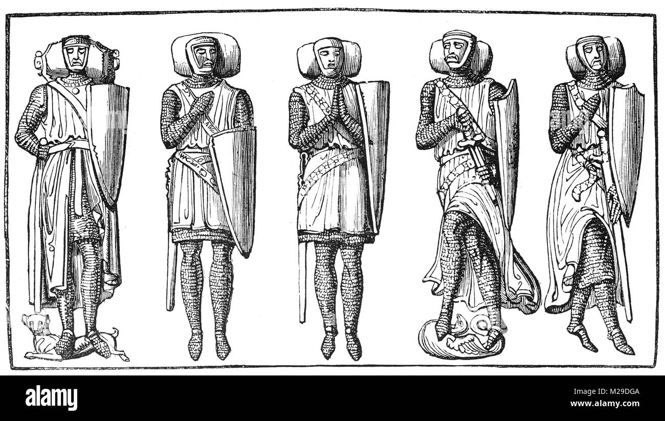 Il XIII e il XIV secolo di pietra effigi di Knight Templers nel Tempio la Chiesa, un ritardo dalla chiesa del XII secolo nella città di Londra, Inghilterra, situato tra Fleet Street e il fiume Tamigi. Costruita dai Cavalieri Templari come loro quartier generale inglese, è famoso per essere una chiesa rotonda, una comune caratteristica di progettazione per le chiese templari. Foto Stock