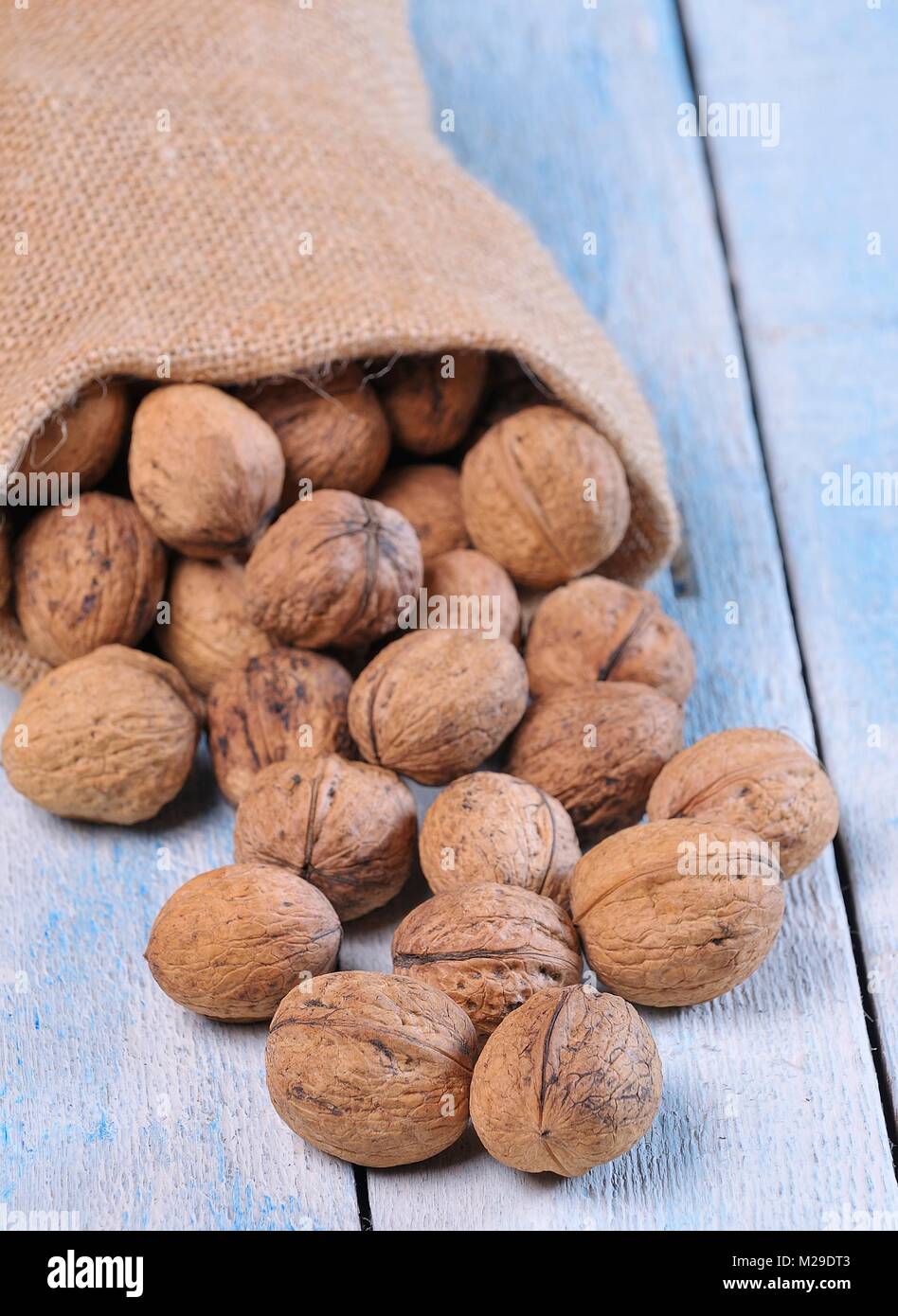 Noci comuni sul tavolo di legno in cucina. Foto Stock