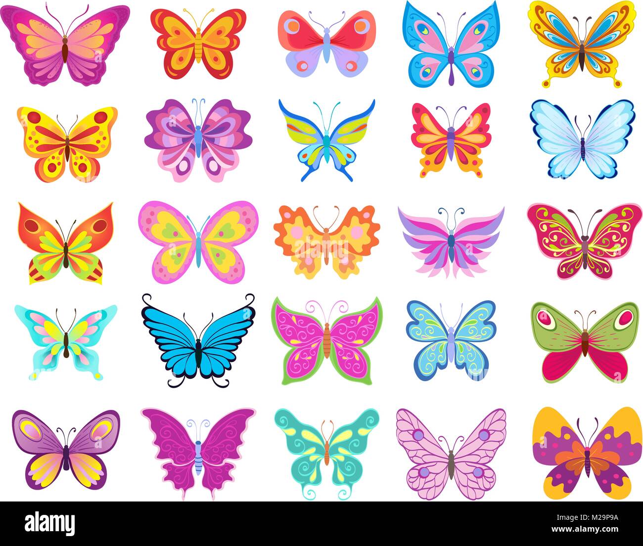 Set di cartoon coloratissime farfalle disegno su bianco Illustrazione Vettoriale