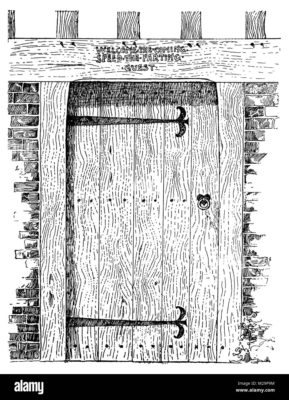 In legno porta anteriore, arti e mestieri e illustrazione di linea da architetto ed artista Mackay Hugh Baillie Scott dal 1895 lo studio di una rivista illustrata di Foto Stock