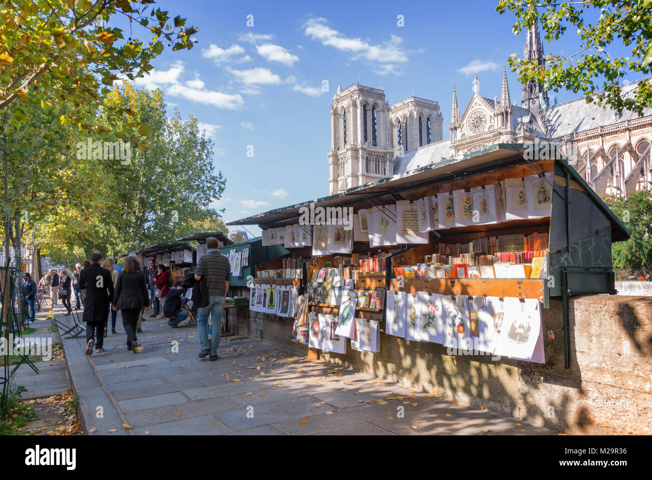 I turisti a piedi dal famoso libraio scatole (bouquinistes) lungo la Senna vicino alla cattedrale di Notre Dame a Parigi, Francia Foto Stock