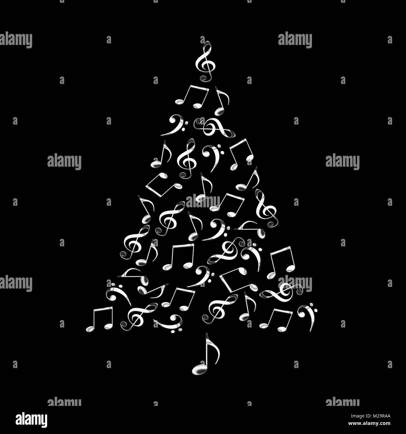 Albero di Natale fatto di argento lucido note musicali su sfondo nero Foto Stock