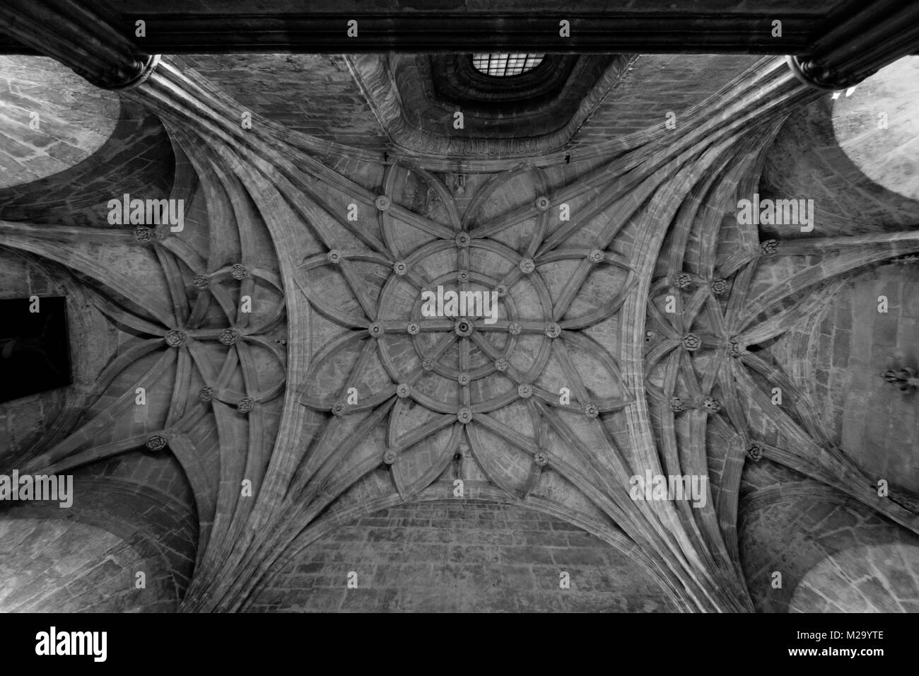 Una vista dell'architettura del tetto in una chiesa di Siviglia, Spagna in bianco e nero Foto Stock Una vista dell'architettura del tetto in una chiesa di Siviglia, Spagna in bianco e nero Foto Stock