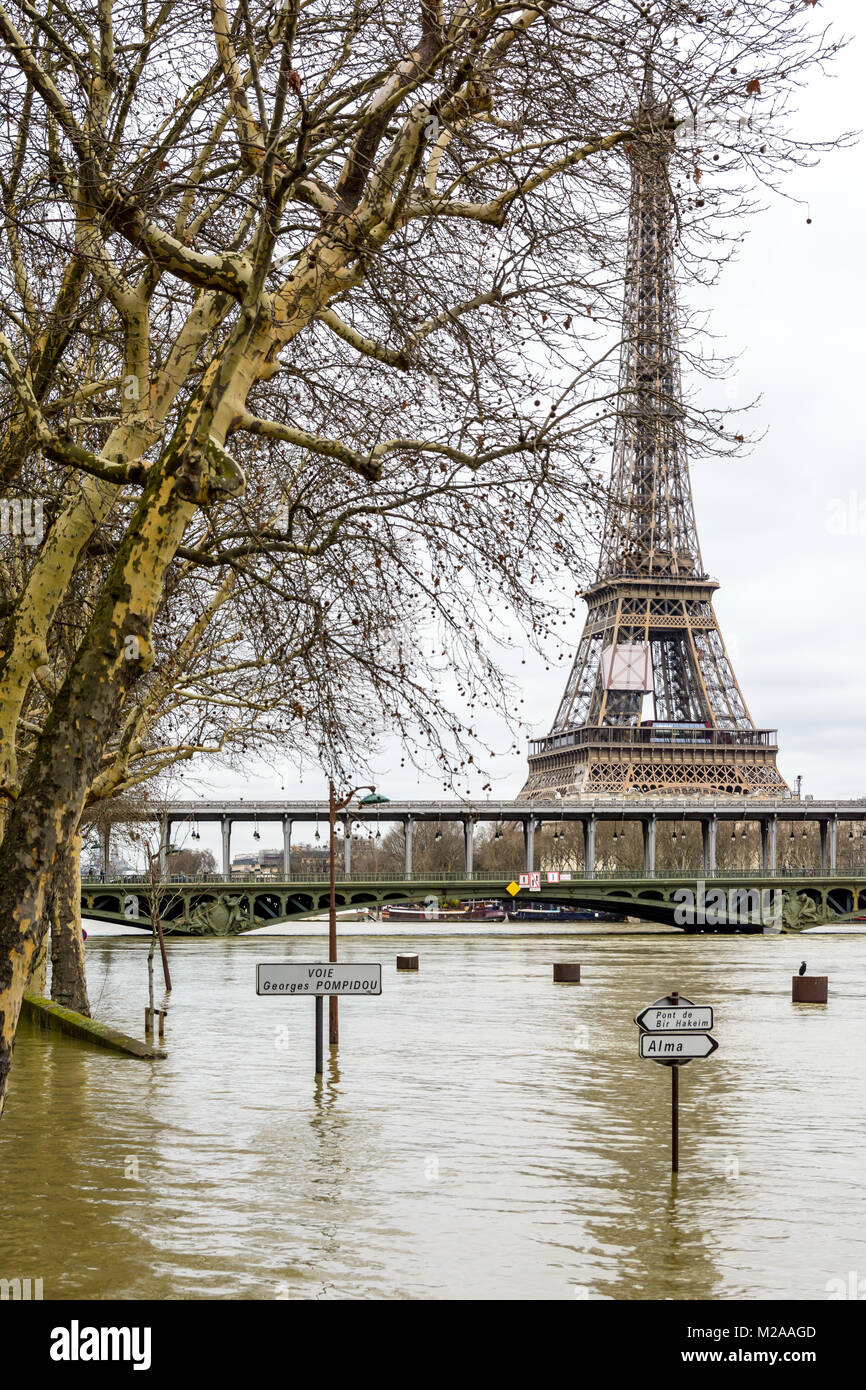 La Senna gonfi durante l'inverno episodio di allagamento del gennaio 2018, con la metà immerso della segnaletica stradale e le luci di strada in primo piano e l'Eiffel Foto Stock
