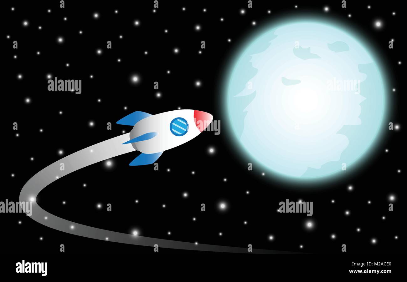 Illustrazione Vettoriale il concetto di Business come un razzo è in volo per il blu splendente Luna Piena significa sognare o spera di raggiungere il grande obiettivo. Illustrazione Vettoriale