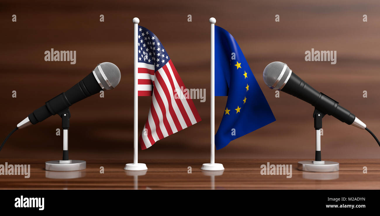 Relazione tra Unione europea e America. Microfoni a cavo su sorge su uno sfondo di legno, banner. 3d illustrazione Foto Stock