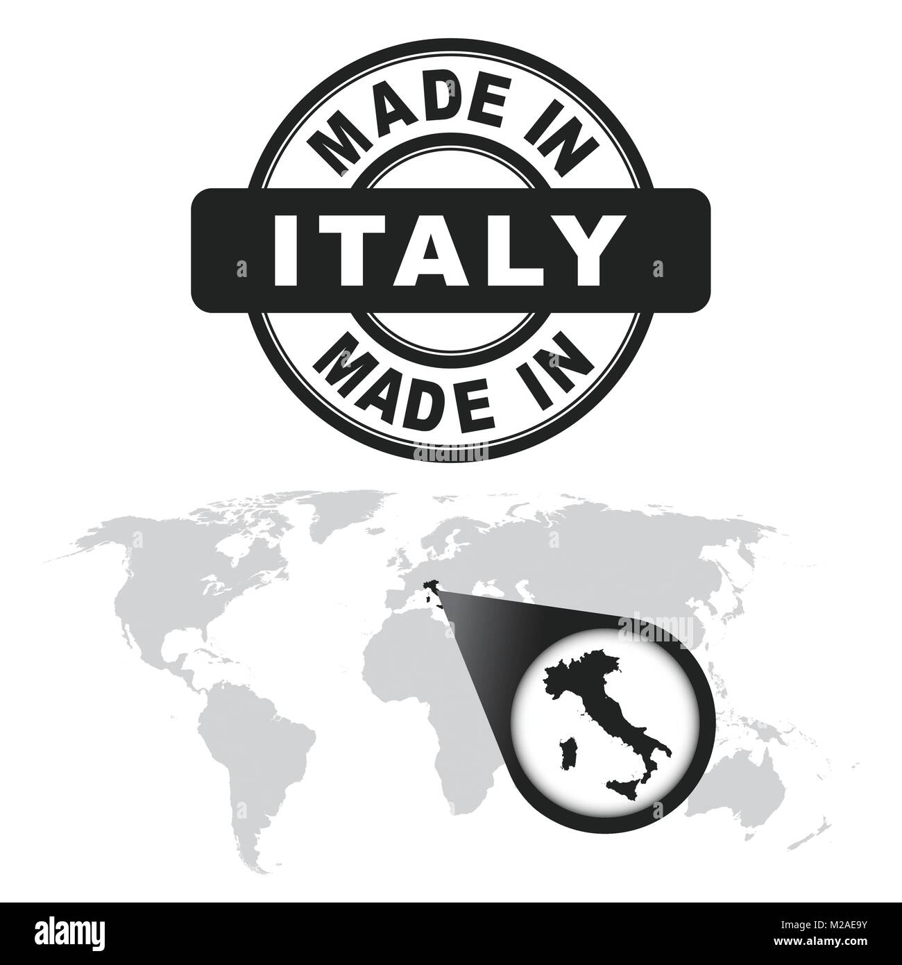 Made in Italy timbro. Mappa del mondo con lo zoom sul paese. Emblema del vettore in uno stile piatto su sfondo bianco. Illustrazione Vettoriale