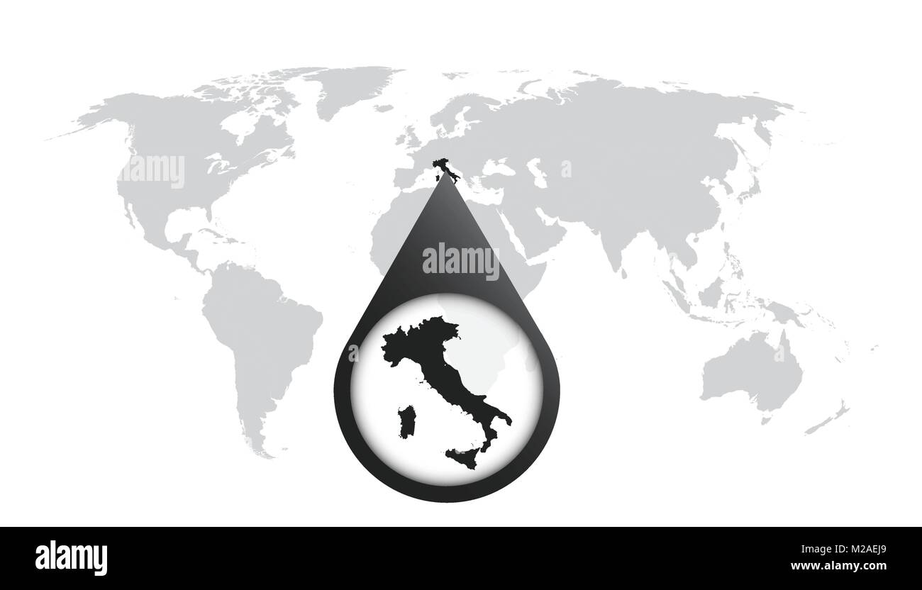 Mappa del mondo con lo zoom sull'Italia. Mappa nella lente di ingrandimento. Illustrazione Vettoriale in stile piatto Illustrazione Vettoriale