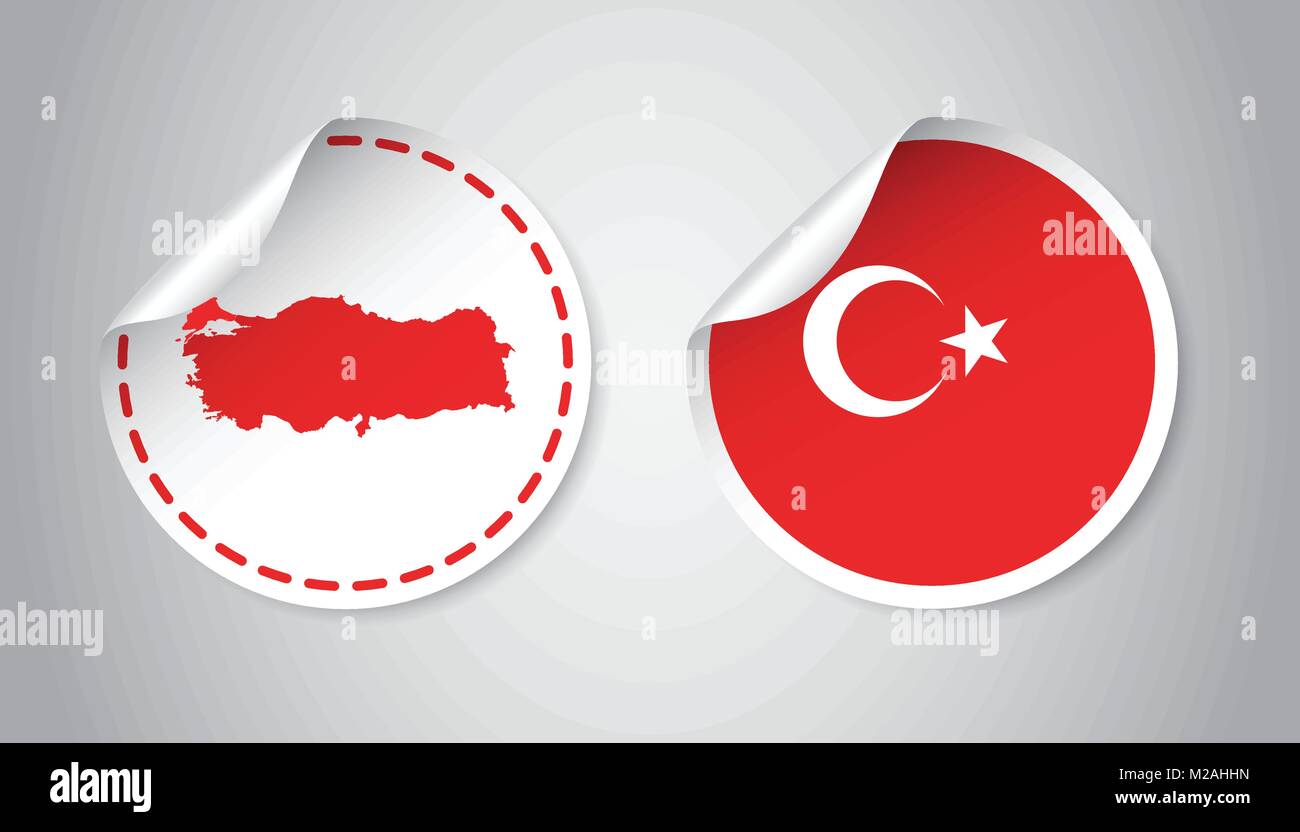 La Turchia adesivo con bandiera e la mappa. Etichetta, etichetta rotonda con il paese. Illustrazione Vettoriale su sfondo grigio. Illustrazione Vettoriale