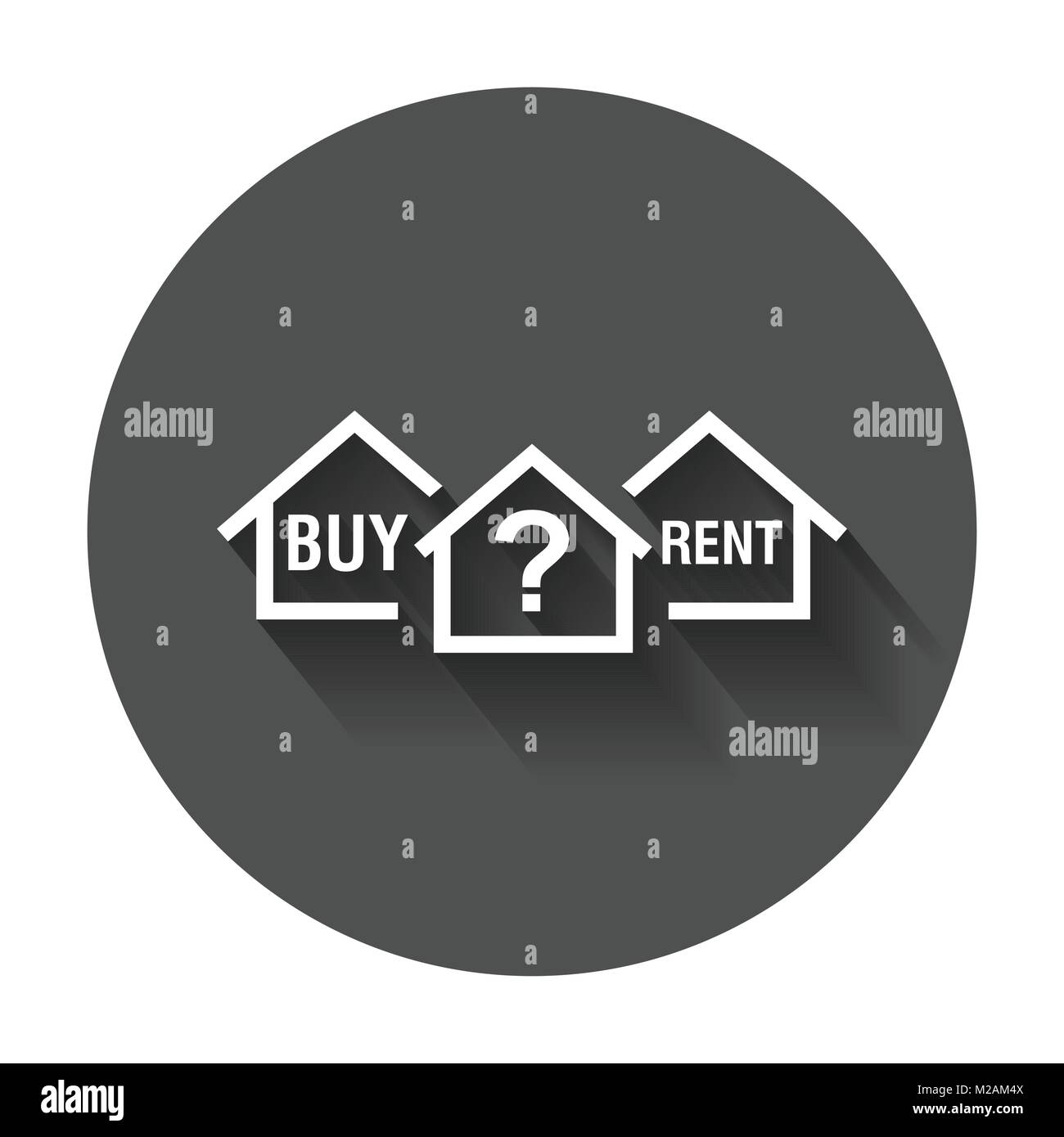 Comprare o affittare casa. Home simbolo con la questione. Illustrazione Vettoriale con lunga ombra. Illustrazione Vettoriale