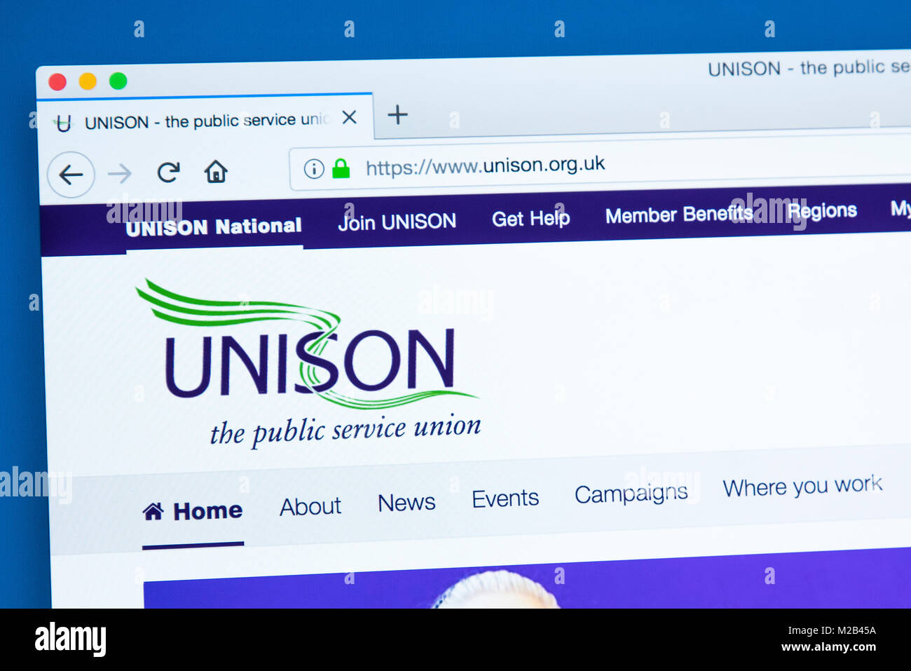 LONDON, Regno Unito - 8 gennaio 2018: la homepage del sito web ufficiale per l'unisono sindacato - i membri sono di solito da industrie del settore pubblico Foto Stock