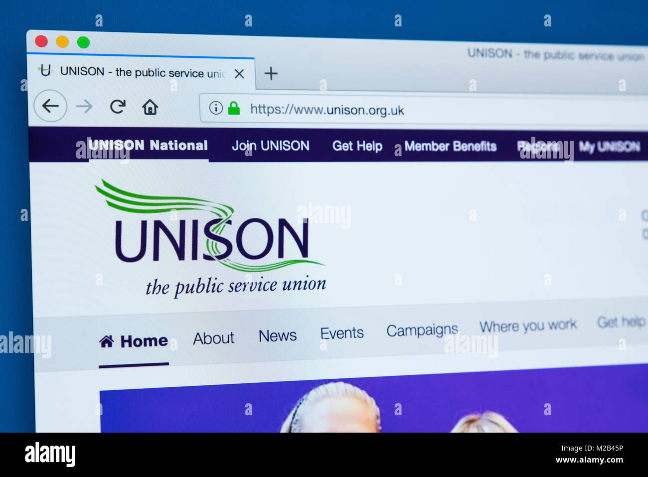LONDON, Regno Unito - 8 gennaio 2018: la homepage del sito web ufficiale per l'unisono sindacato - i membri sono di solito da industrie del settore pubblico Foto Stock