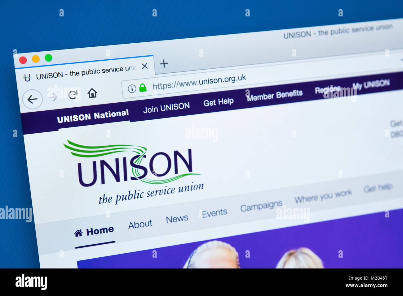 LONDON, Regno Unito - 8 gennaio 2018: la homepage del sito web ufficiale per l'unisono sindacato - i membri sono di solito da industrie del settore pubblico Foto Stock