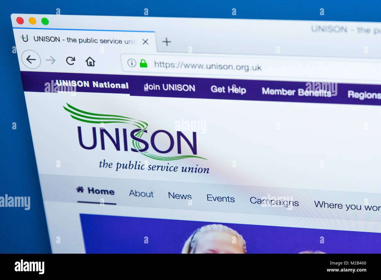 LONDON, Regno Unito - 8 gennaio 2018: la homepage del sito web ufficiale per l'unisono sindacato - i membri sono di solito da industrie del settore pubblico Foto Stock