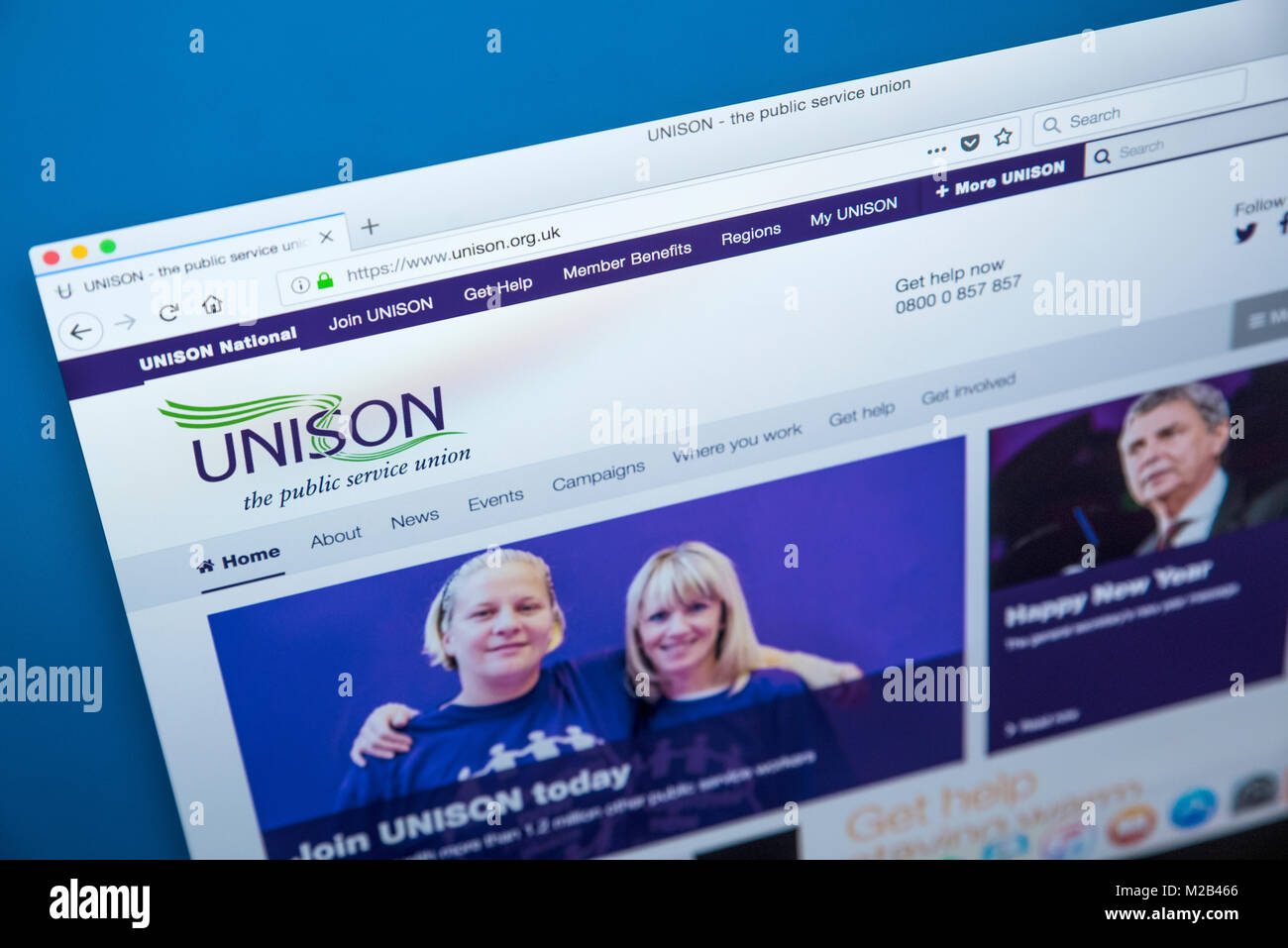 LONDON, Regno Unito - 8 gennaio 2018: la homepage del sito web ufficiale per l'unisono sindacato - i membri sono di solito da industrie del settore pubblico Foto Stock